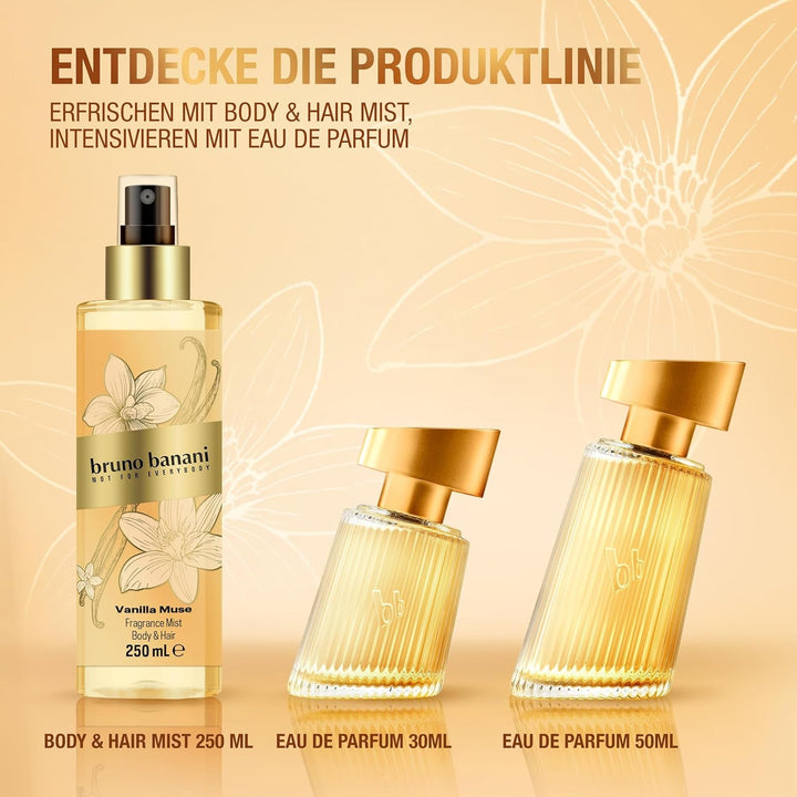 Bruno Banani Vanilla Muse Eau De Parfum pentru ea, parfum fructat de chihlimbar cu flori albe, piersică și vanilie, intens, de lungă durată și seducător de feminin, 30 ml
