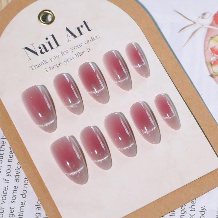 Mouyouglow Unghii False Magnetice Scurte, Roz Migdala Roșu Gradient Sclipici Cat Eye cu Lipici, Unghii Artificiale Roz Roșu Ombre Sclipici Fototerapie Pentru Femei și Fete