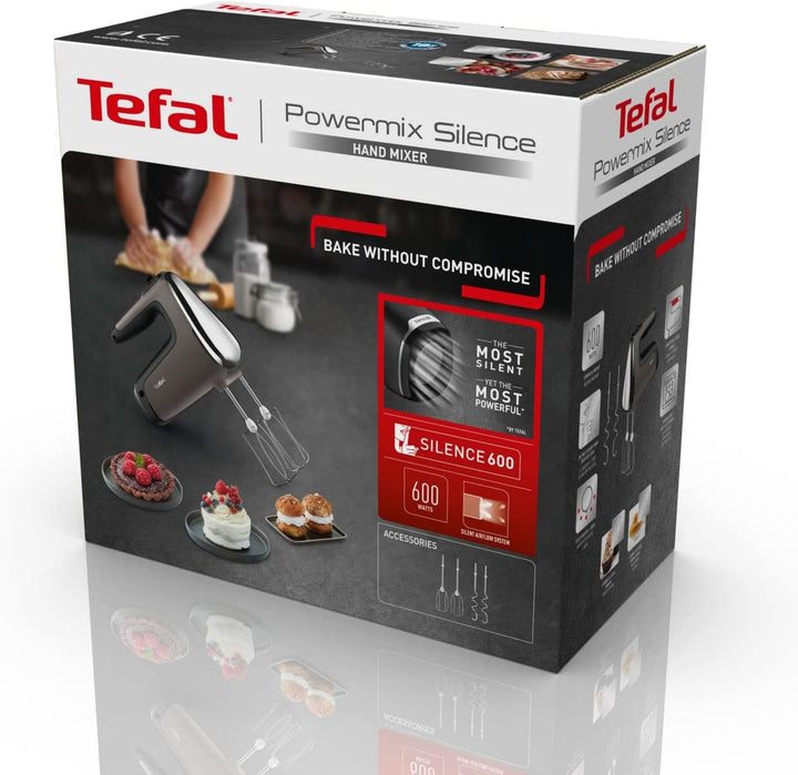 Tefal HT650E Power Mix Silence Handmixer | 600 Watt | Variabler Geschwindigkeitsregler | Turbo- Und Auswurf-Funktion | Extrem Leiser Motor | Inkl. 2 Rührbesen Und 2 Knethaken | Grau Bucatarie Naty Shop