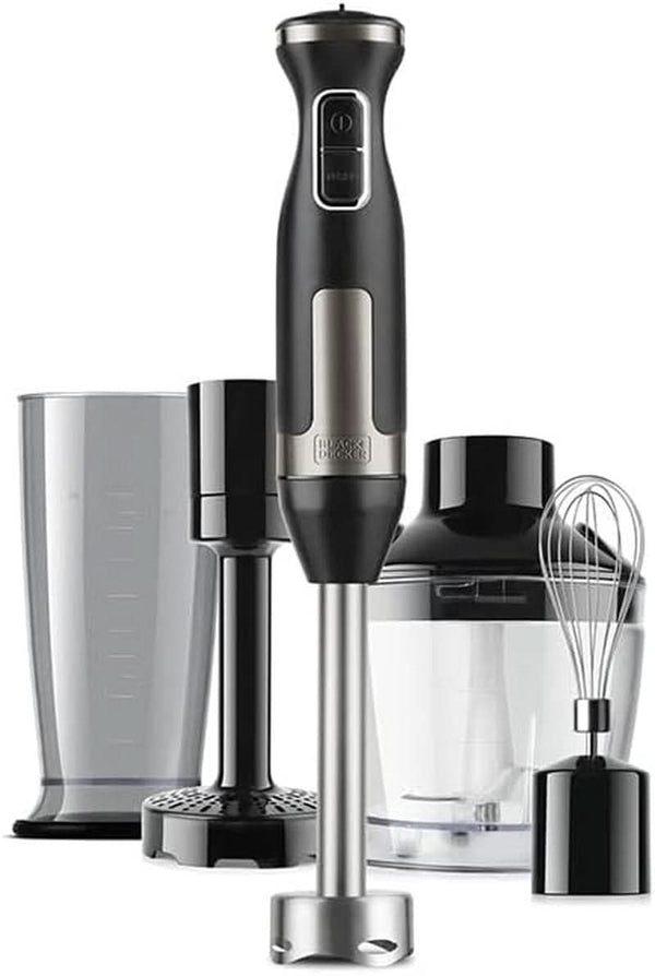 BLACK+DECKER Stabmixer | BXHBA1500E | 1500 Watt | 20 Geschwindigkeiten | Turbo | Edelstahl | Spritzschutz | Inklusive Pürieraufsatz, Schneebesen, Zerkleinerer Und Messbecher Bucatarie Naty Shop Single 4 Zubehörteile 1500W