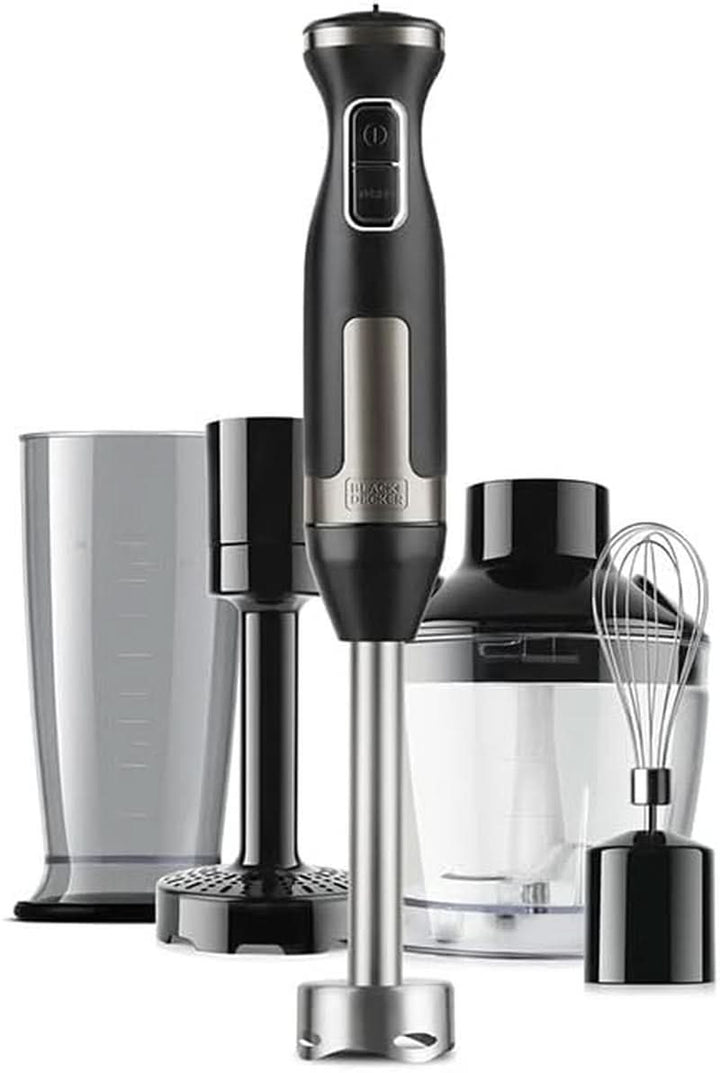 BLACK+DECKER Stabmixer | BXHBA1500E | 1500 Watt | 20 Geschwindigkeiten | Turbo | Edelstahl | Spritzschutz | Inklusive Pürieraufsatz, Schneebesen, Zerkleinerer Und Messbecher Bucatarie Naty Shop Single 4 Zubehörteile 1500W