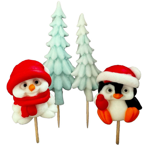 Set 4 decoratiuni comestibile din pasta de zahar, Craciun, pinguin, ursulet si braduti Decoratiuni din Pasta de Zahar Naty Shop