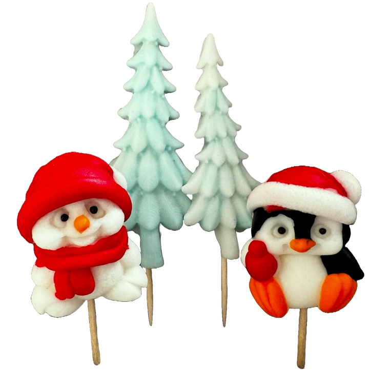 Set 4 decoratiuni comestibile din pasta de zahar, Craciun, pinguin, ursulet si braduti Decoratiuni din Pasta de Zahar Naty Shop
