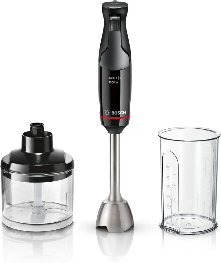 Bosch Stabmixer Ergomaster Serie 4, 1000 Watt, Edelstahl-Mixstab, Zerkleinerer, Mix-/Messbecher, Schwarz Bucatarie Naty Shop 2-In-1, Ergomaster Serie 4