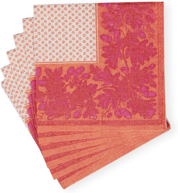 Șervețele de cocktail, frunze de stejar și ghinde, din in, portocaliu și fucsia, 15 bucăți per pachet