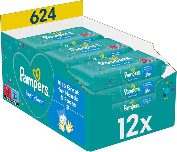Șervețele umede Pampers Fresh Clean, 624 șervețele umede, parfum ușor, potrivite și pentru mâini și față Servetele Umede Bebelusi Naty Shop