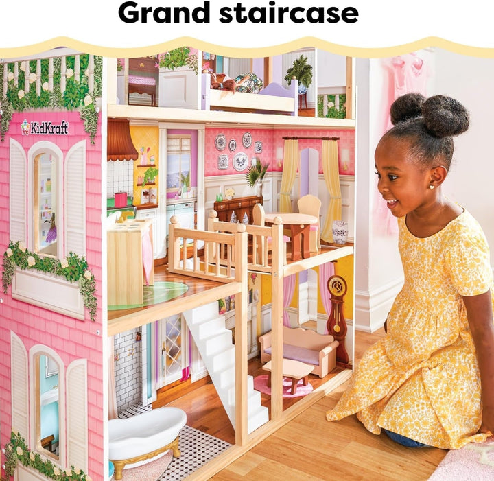 Casă de păpuși din lemn Kidkraft Charlotte cu mobilier și accesorii, casă de păpuși în stil clasic pentru păpuși de 30 cm, jucărie pentru copii de la 3 ani, 65956 Casute de papusi Naty Shop