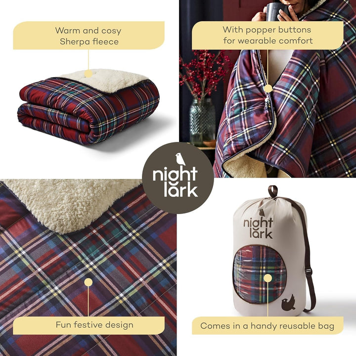 Night Lark Cosy Sherpa Fleece Blanket, Classic Red Tartan, 9 Tog, Luxurious, Fluffy, Thick And Reversible, Perfect pentru canapea, pat, canapea, canapea. Hipoalergenic, lavabil la mașină, Dimensiune: Paturi si Cuverturi Night Lark