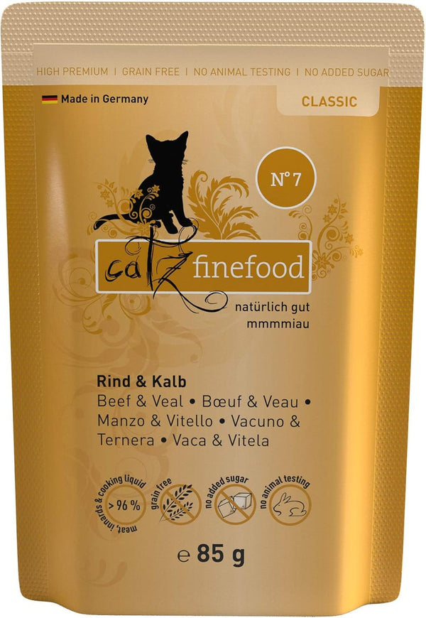 Catz Finefood N° 7 Carne de vită și vițel Delicatessen Hrană umedă pentru pisici, rafinată cu caise și ananas, pungă 16 X 85G