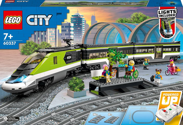 LEGO City Passenger Express Train, set cu tren controlat de la distanță, jucărie feroviară cu faruri, 2 vagoane și 24 de elemente de cale, cadou pentru copii, băieți și fete 60337 Seturi de constructie Besuche den LEGO-Store