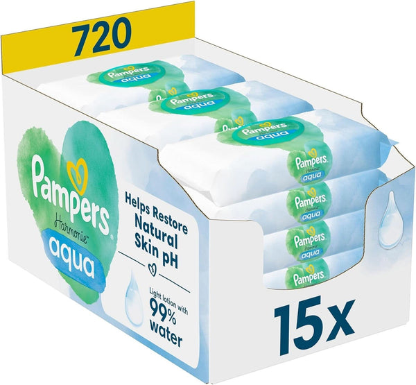 Șervețele umede Pampers Harmonie Aqua, șervețele umede care ajută la restabilirea valorii naturale a pH-ului pielii, loțiune ușoară cu 99% apă Servetele Umede Bebelusi Naty Shop 720 servetele