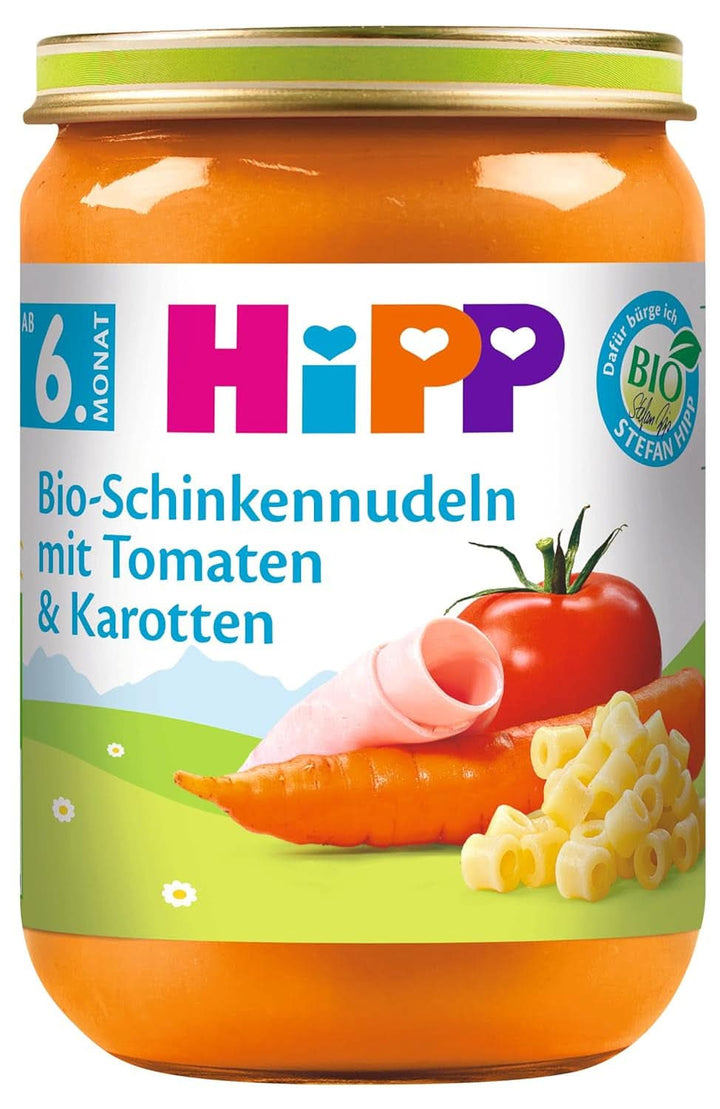 Porumb dulce Hipp cu piure de cartofi și curcan organic, pachet de 6 (6 X 190 grame) Mama si Copilul Naty Shop 6 x 190 grame Paste cu șuncă organică cu roșii și morcovi