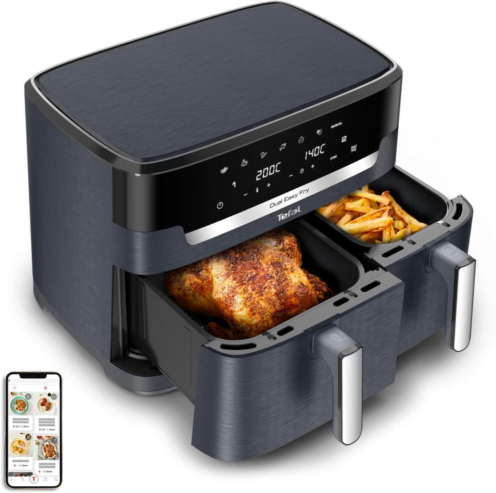 Tefal Dual Easy Fry Hot Air Fryer cu două camere, capacitate de 5,2/3,1 litri, două sertare independente, 7 programe Electrocasnice Naty Shop Gri / Antracit