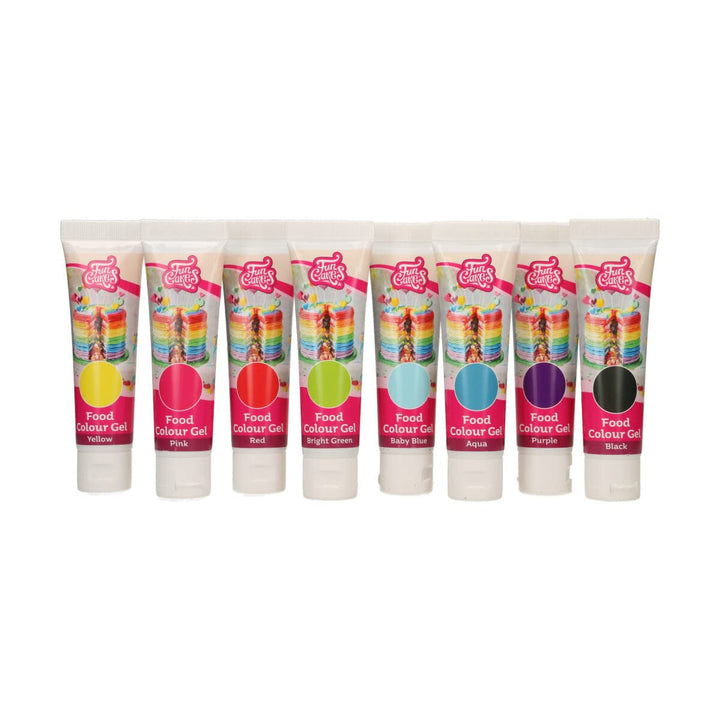 Funcakes Food Color Gel Set / 8: Hochkonzentrierte Lebensmittelfarbe Für Teig, Creme, Fondant, Marzipan, Teig. 8 Farben: Gelb, Rosa, Rot, Hellgrün, Baby Blau, Aqua, Lila, Schwarz. Halal. Coloranti Alimentari Naty Shop