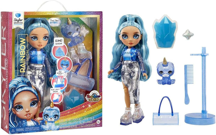 Păpușă Rainbow High Fashion cu slime și animal de companie - Amaya (Culori curcubeu) - păpușă strălucitoare de 28 cm cu slime sclipitor, animal magic și accesorii de modă - jucărie pentru copii - 4-12 ani Papusi Naty Shop Skyler (albastru)