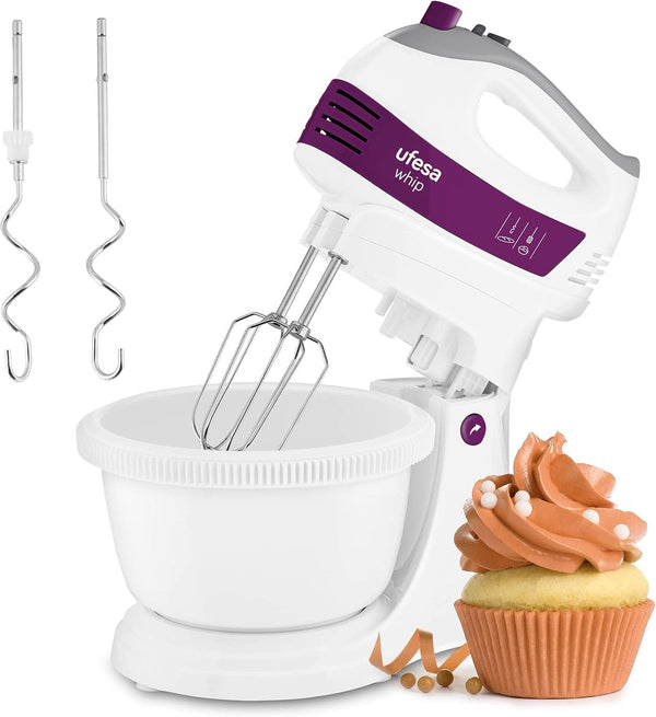 Ufesa BV4655 Elektrischer Handrührer Mit Rührschüssel |Küchenmaschine – Knetmaschine - 400 Watt – 2 in 1 Funktion| 5 Geschwindigkeitsstufen – Turbo | 2 Knethaken -2 Schneebesen | Soft-Touch-Griff Mama si Copilul Naty Shop Teigmischer 400W Mit Schüssel
