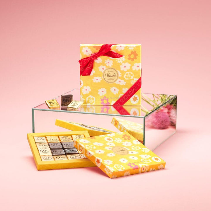 Venchi, Cutie cu 16 amestecuri diferite de mini ciocolată, aromă închisă 60%, 75%, 90% Bomboane de Ciocolata Naty Shop