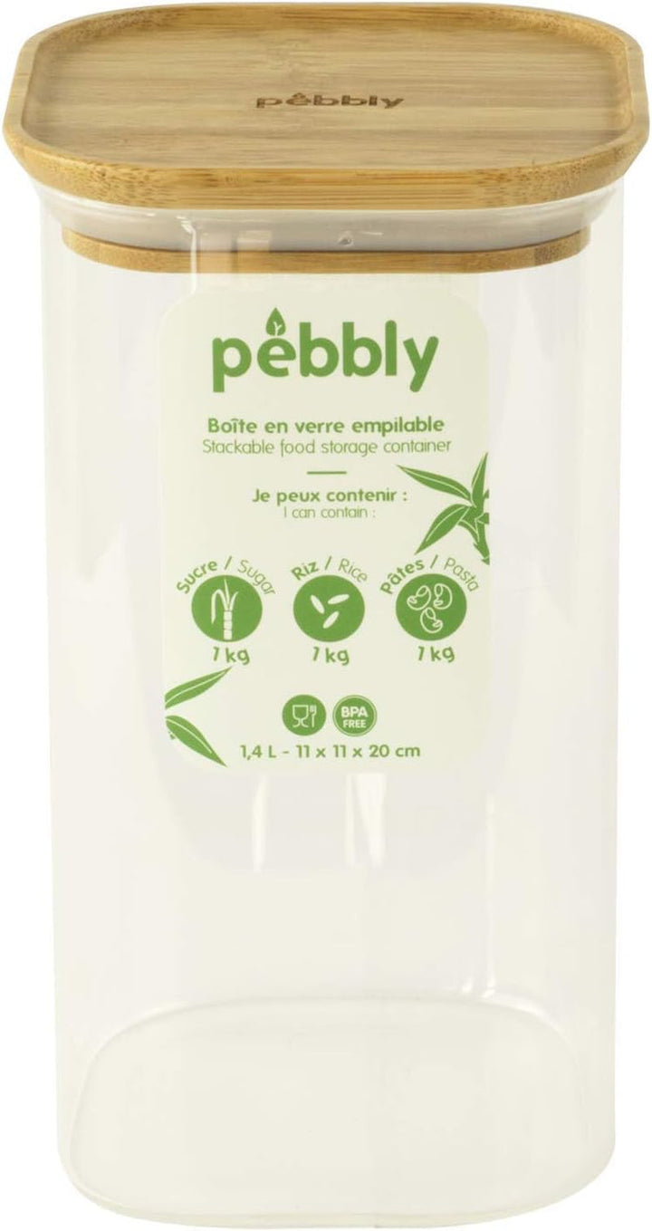 Set de 3 recipiente pătrate din sticlă cu capac din bambus-800ml, sticlă borosilicată, bambus, silicon, natural, 11 x 11 x 11 cm Cutii depozitare alimente Naty Shop 11 X 11 X 20 cm