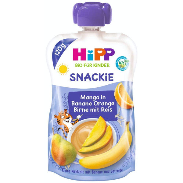 Pungi de stoarcere Hipp, 100% fructe organice fără zahăr adăugat, 6 X 120 grame Mama si Copilul Naty Shop 6 x 120 grame Mango banană si orez