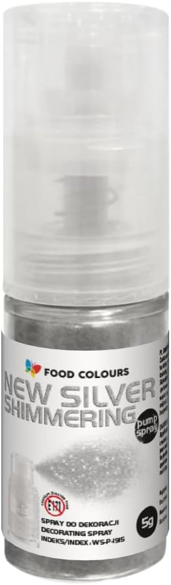 Essbares Glitzer Spray NEW SILVER 5G Lebensmittelfarbe in Einer Pumpe Lebensmittelfarbpulver Mit Metalleffekt Glitter-Farbstoff Dekoration Für Kuchen Cremes Zuckermassen Torten Getränke Coloranti Alimentari Naty Shop