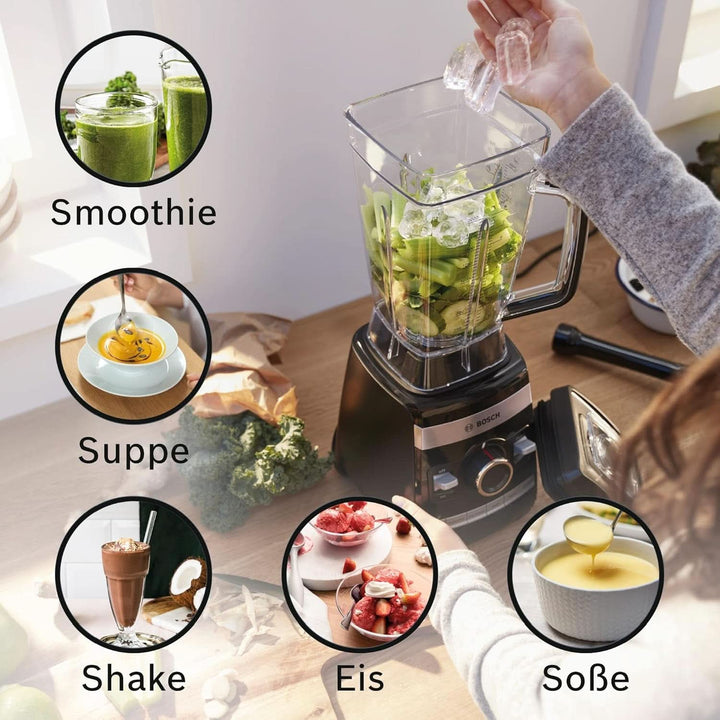 Bosch Standmixer Vitaboost MMBH6P6BDE, 6-Klingen-Edelstahlmesser, 2,5L Tritan-Mixbehälter, Stopfer, 6 Automatikprogramme, Rezeptbuch, Bpa-Frei, Einfache Reinigung, 45,000 U/Min, 1600 W, Schwarz Bucatarie Naty Shop