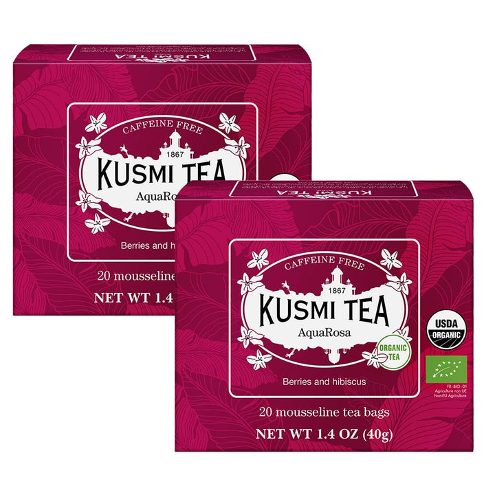 Kusmi Tea - pachet de 2 - Aquaexotica + Aquarosa - ceai de hibiscus cu mere, măceșe și fructe de pădure negre - ceai de fructe organic fără teină - se poate consuma cald sau rece - 2X20 pliculețe de ceai