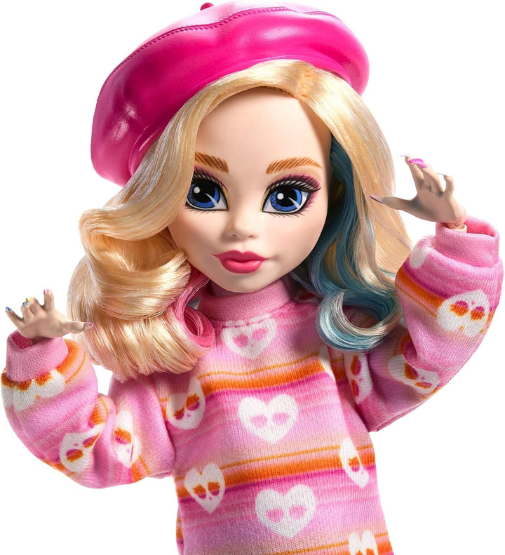 Păpușă și accesorii Monster High Wednesday, Enid Sinclair figurină de colecție în roz cu beretă și rucsac, suport pentru păpușă, HXJ05 Papusi Naty Shop