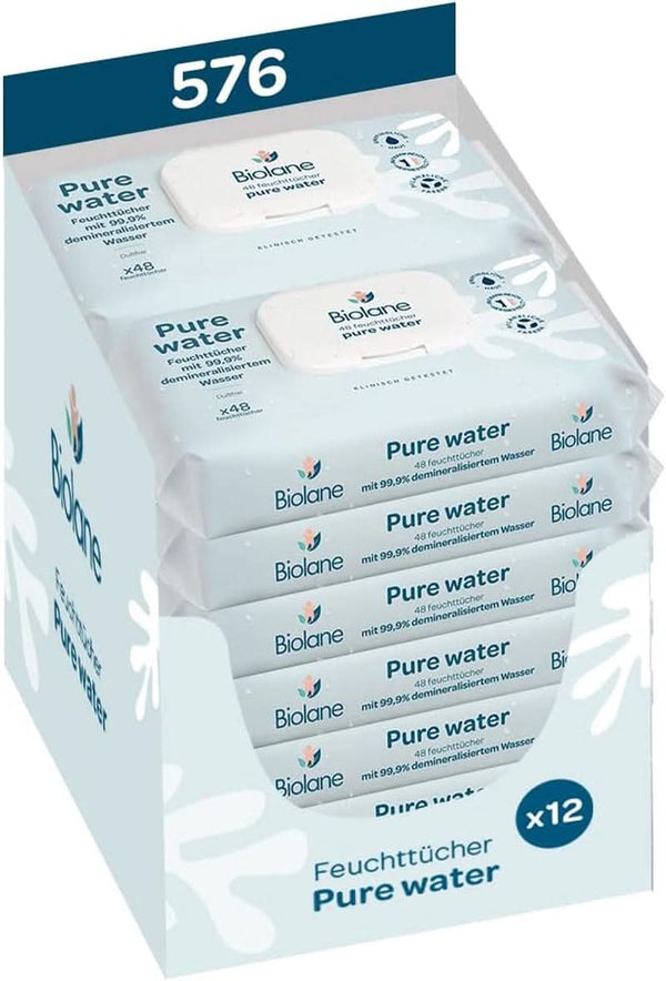 BIOLANE - Baby-Feuchttücher Mit 99,9% Wasser - Pure Water - Packung Mit 12 X 48 (576 Feuchttücher) - Für Empfindliche Haut - Ab Der Geburt - Duftfrei - Wechseln Und Reinigungspflege Naty Shop