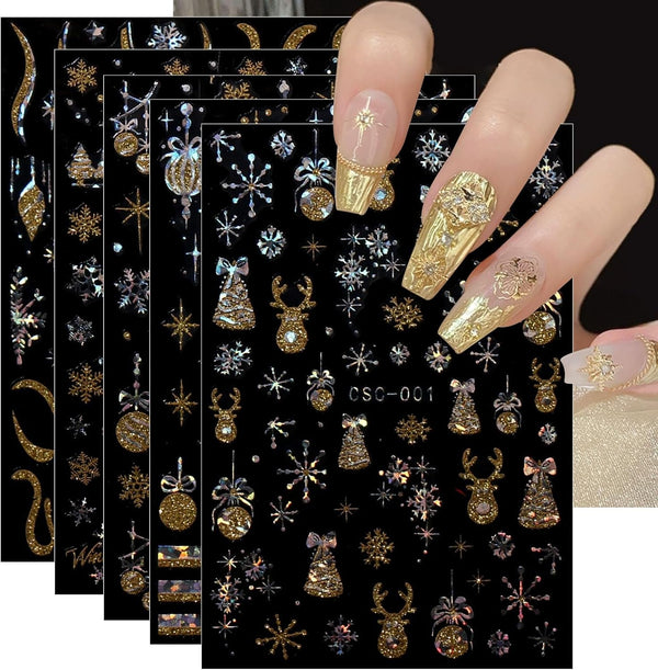 JMEOWIO Nagelsticker Weihnachten Gold Glitter Silber 8 Blatt Nail Art Sticker Selbstklebend Nagelaufkleber Schneeflocke Winterurlaub Dekoration Nageldesign Zubehör