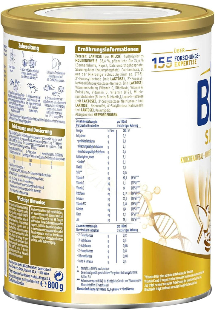Băutură pentru copii BEBA SUPREME Junior 1+ de la 1 ani, mâncare pentru copii cu complex 6 HMO, numai lactoză, fără ulei de palmier, pachet 6 (6 x 800 g) Mama si Copilul Naty Shop