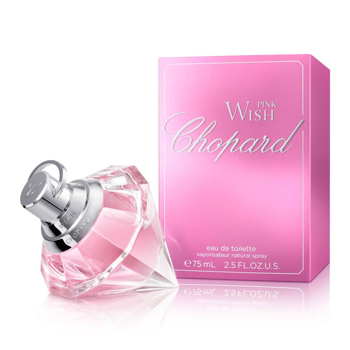 Chopard Pink Wish 75 ml – Apă de toaletă pentru femei – Parfum floral-fructat – Note radiante de mandarină, neroli, piersică, chihlimbar și lemn de santal – Parfum pentru femei – Sticlă transparentă din sticlă