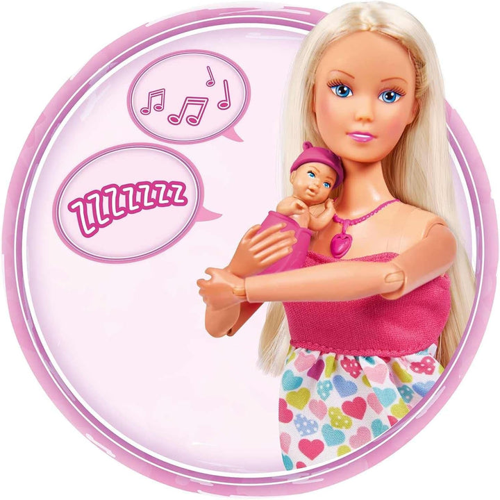 Simba 105733480 - Steffi Love Baby Backpack, păpușă gravidă cu bebeluș și sunete grozave, accesorii pentru bebeluși și suport pentru bebeluși, roz Papusi Naty Shop