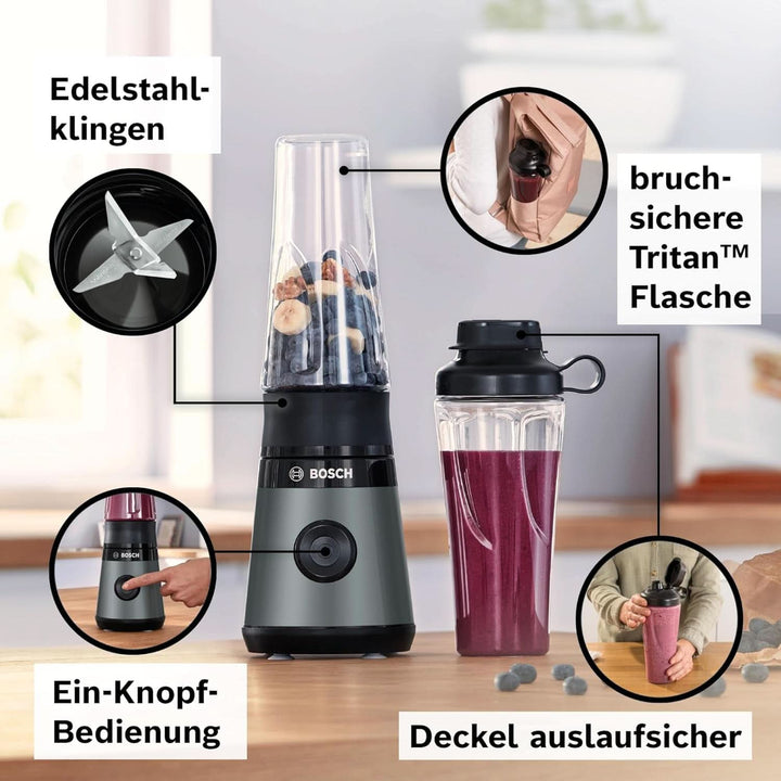Bosch Mini-Standmixer Vitapower Serie 2 MMB2111S, Highspeed-Mixer, Bis Zu 40.000 Rpm, Tritan Togo-Flasche 0,6 L, Trinkdeckel, Bruchsicher,Spülmasch.Geeignete Teile, 450W, Silber/Schwarz Bucatarie Naty Shop