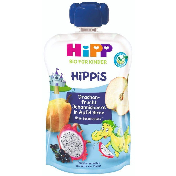 Pungi de stoarcere Hipp Super-Hippis, acerola de rodie in mere-zmeura, fructe 100% bio fara zahar adaugat, 6 pungi de 100 g Mama si Copilul Naty Shop 6 x 100 grame Fructe de dragon, mere, pere