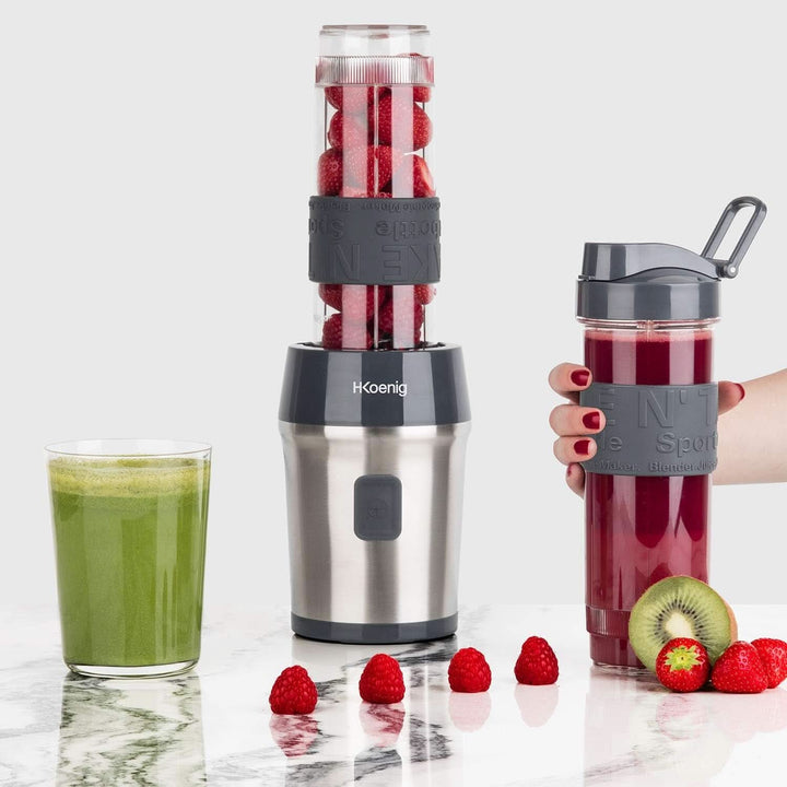 H.Koenig Smoothie Maker SMOO9 - Mini Standmixer - Mini Blender - 300 Watt - 570 Ml - Edelstahl - 2 Kunststofflaschen - Bpa-Frei, Grau Bucatarie Naty Shop