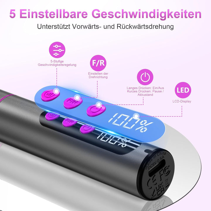 Pilă electrică fără fir pentru unghii - 35000 RPM pentru unghii cu gel, 12 în 1 profesională pentru unghii și unghii acrilice, set manichiură și pedichiură cu 5 viteze
