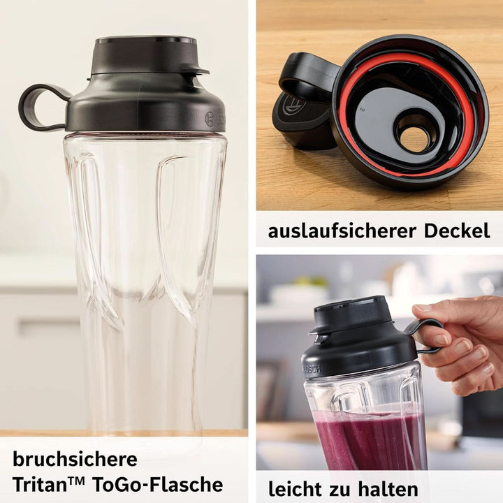 Bosch Mini-Standmixer Vitapower Serie 2 MMB2111S, Highspeed-Mixer, Bis Zu 40.000 Rpm, Tritan Togo-Flasche 0,6 L, Trinkdeckel, Bruchsicher,Spülmasch.Geeignete Teile, 450W, Silber/Schwarz Bucatarie Naty Shop
