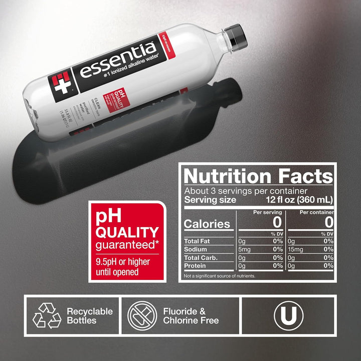 Essentia Water Bottled, Ionized Alkaline Water:99.9% Pure, Infused with Electrolytes, 9.5 Ph or Higher with a Clean, Smooth Taste, 1 Litre (Pack of 12) Apa USA Naty Shop