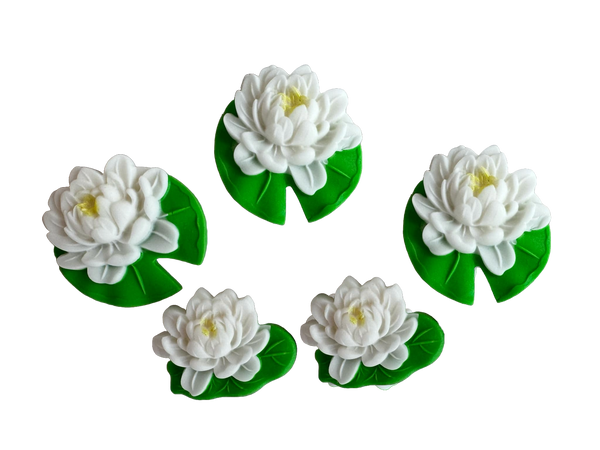 Set 5 decoratiuni comestibile din pasta de zahar, Nuferi albi Decoratiuni din Pasta de Zahar Naty Shop