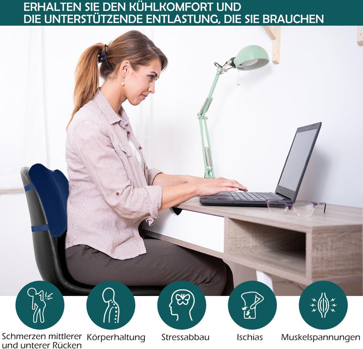Perna spate ergonomică albastră ameliorează și previne durerile de spate - pernă lombară din spumă de memorie pentru birou, scaun cu rotile, acasă (albastru marin) Perne lombare Naty Shop