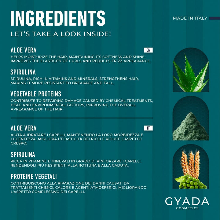GYADA COSMETICS, Pachet de întărire a părului cu spirulină, hrănitoare, împotriva căderii părului, funcționează sfaturi duble, 250 ml + pieptene din lemn de fag, ideal pentru descurcarea tuturor tipurilor de păr Masca de par Naty Shop
