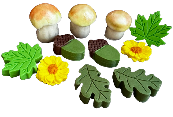 Set 11 decoratiuni comestibile din zahar, Hribi in padure Decoratiuni din Pasta de Zahar Naty Shop