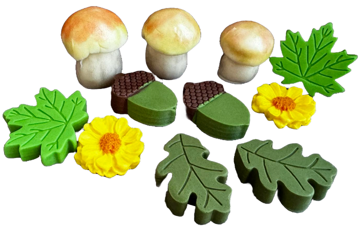 Set 11 decoratiuni comestibile din zahar, Hribi in padure Decoratiuni din Pasta de Zahar Naty Shop