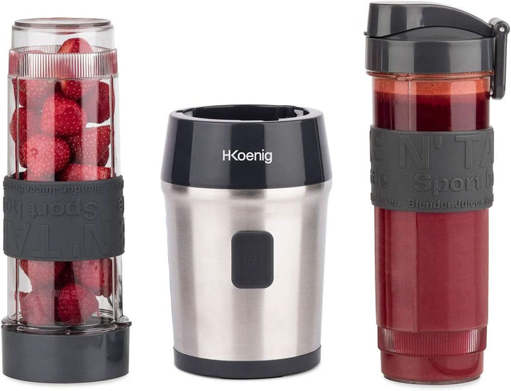 H.Koenig Smoothie Maker SMOO9 - Mini Standmixer - Mini Blender - 300 Watt - 570 Ml - Edelstahl - 2 Kunststofflaschen - Bpa-Frei, Grau Bucatarie Naty Shop