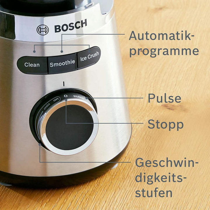 Bosch Standmixer Vitapower Serie 4 MMB6382M, Edelstahl-Klingen Made in Germany, 1,5L Thermosafe Glasbehälter, Stopfer, Sicherheitsdeckel, Spülmaschinengeeignete Teile, 30,000 U/Min, 1200 W, Edelstahl Bucatarie Naty Shop