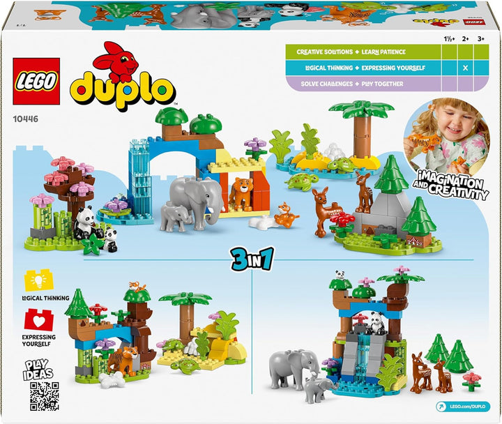 Set LEGO DUPLO Town Wild Animal Families 3-in-1, jucărie educativă pentru copii mici cu țestoase, tigri, elefanți, căprioare, panda, set pentru preșcolari de la 2 ani, jucărie de construit cu figuri de animale 10446 Seturi de constructie Besuche den LEGO-Store