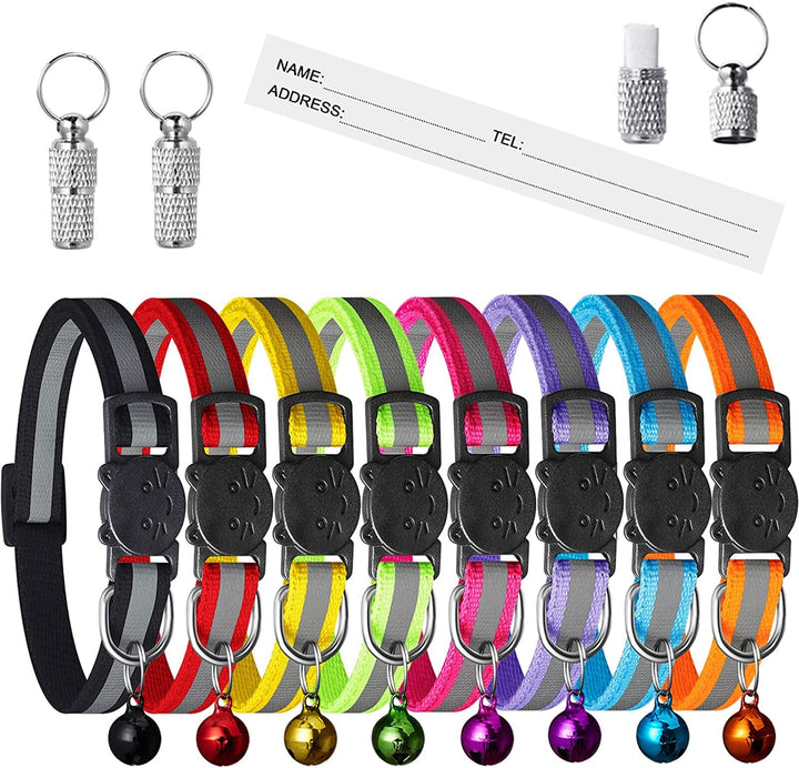 Zgardă reflectorizantă pentru pisici, 8 piese, cu etichete cu nume și adresă, zgardă pentru pisici cu încuietoare de siguranță, zgardă reglabilă pentru pisoi (6''-9''), accesorii personalizate pentru animale de companie