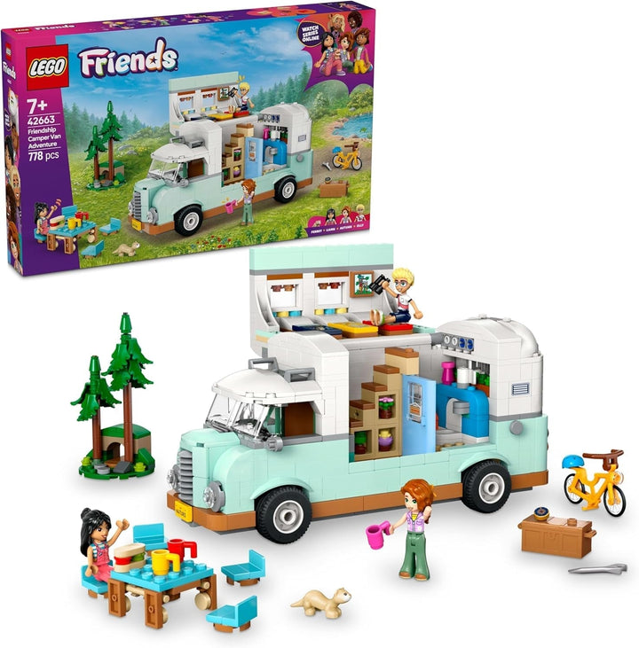 LEGO Friends Caravan, Set de construcție pentru jocuri de rol cu o rulotă de jucărie, Cadou pentru fete cu vârsta de peste 7 ani, Set de joacă creativ cu 3 minifigurine și figurină de animal dihor 42663 Seturi de constructie Besuche den LEGO-Store Titlu implicit
