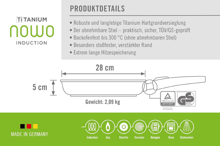 Woll Nowo Titanium tigaie plată - Inducție, 5 Cm înălțime, mâner detașabil - pentru toate tipurile de plită, Aluminiu turnat, acoperire antiaderentă Oale si Tigai Naty Shop