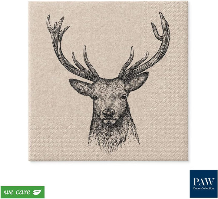 Collection de décoration de pattes X PAW DÉCORD COM LINES DE PAPIER CM avec 3 couches. 20 pièces. Imprimé avec des couleurs à base d'eau. Décorations de table. Nature, HIRSC, PAW_022022, cerf, 33 x 33 cm (package avec 3)